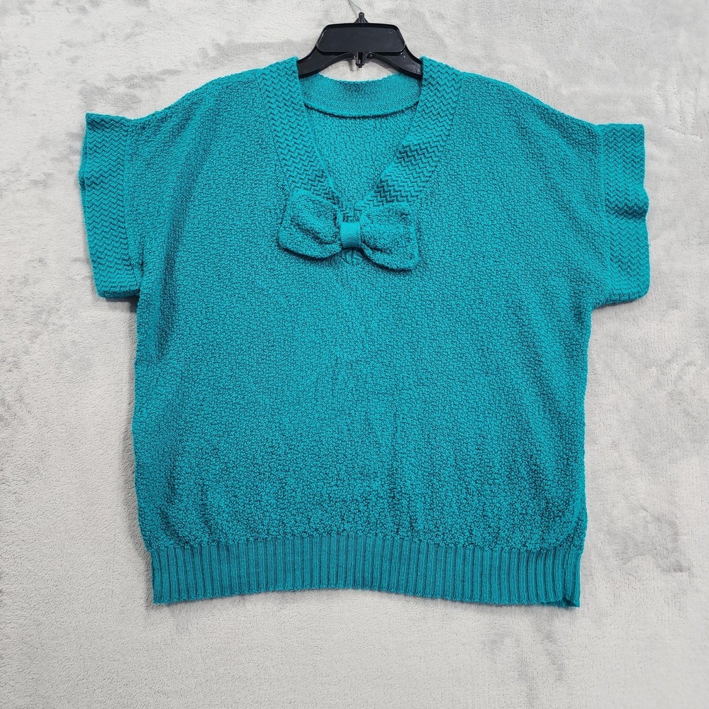 Vintage ADELE Knitwear Sweater‎ Womens L Blue V-Neck Bow Dolman Reversible 80s